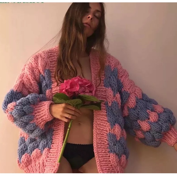 Cardigan sweater boho knit puff sleeve thick Pink - Picture 3 of 3